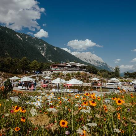 Blumenwiese mit Blick auf die Stöttlalm